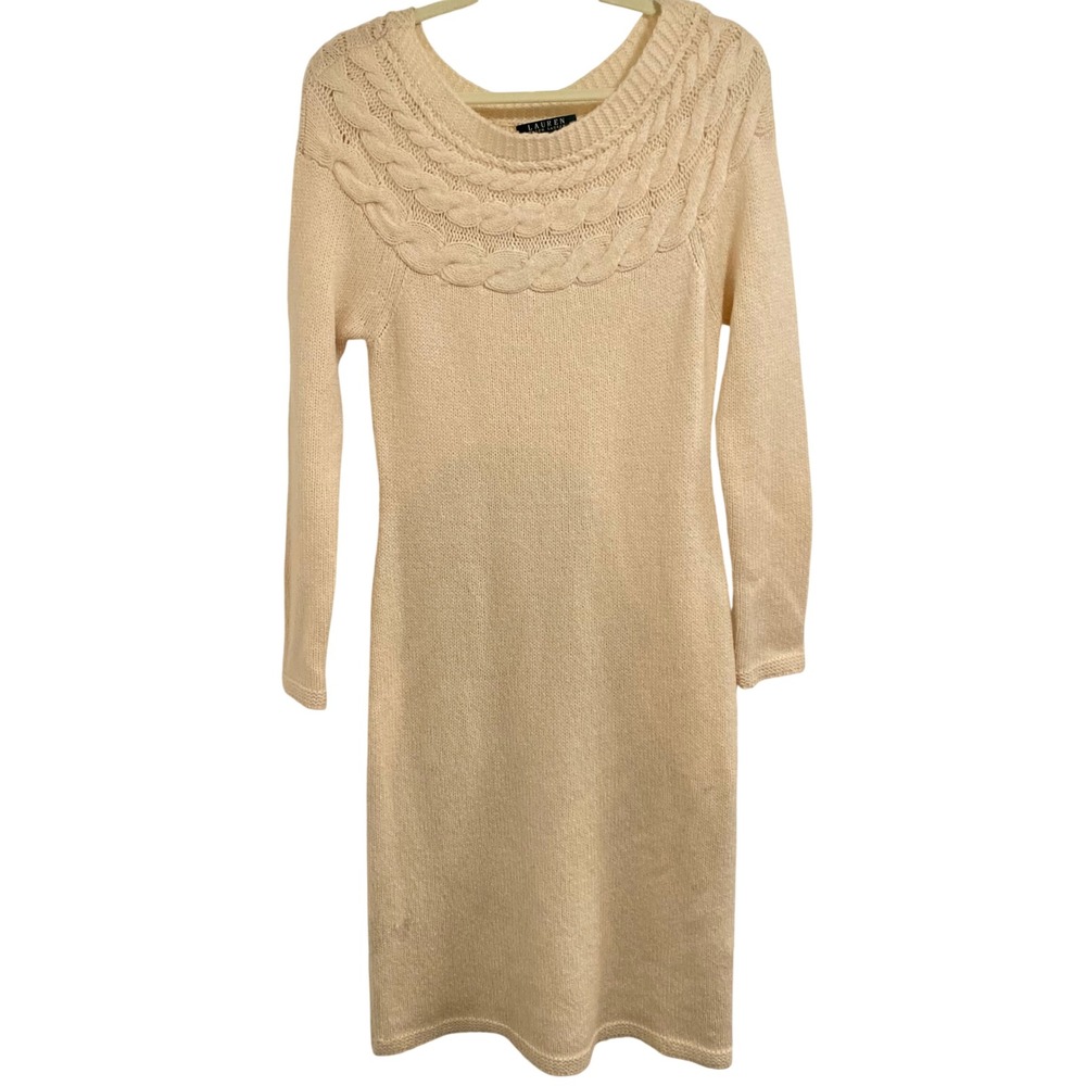 Lauren Ralph Lauren Sweater Dress Coquette Womens S Cream Cable Knit Midi Wool - Picture 2 of 7